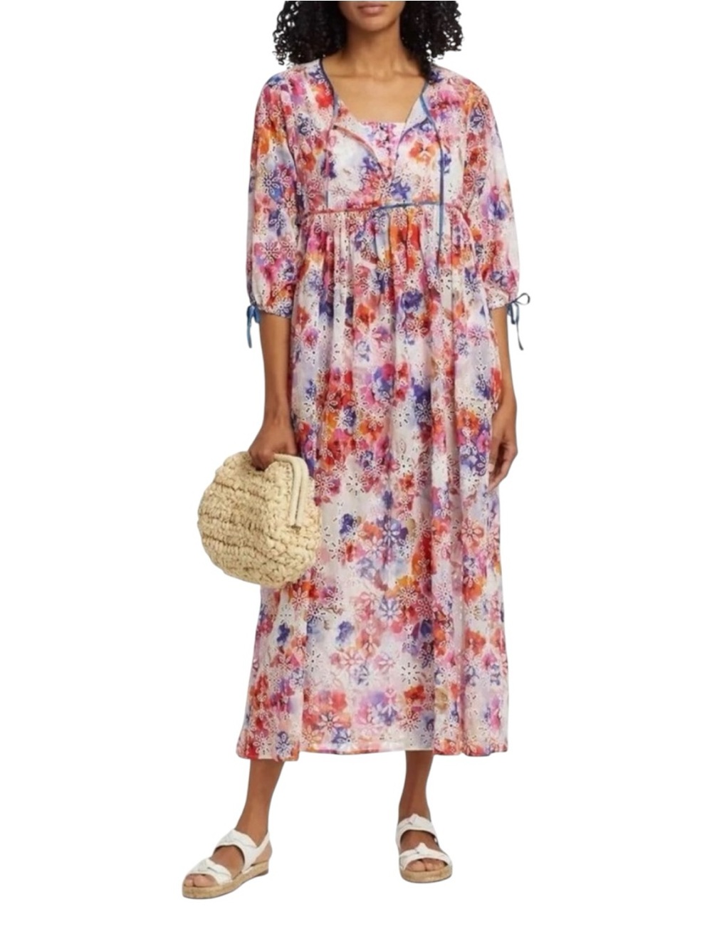 Johnny Was Summer Day Eyelet Midi Dress Silk Blend Women’s Size M